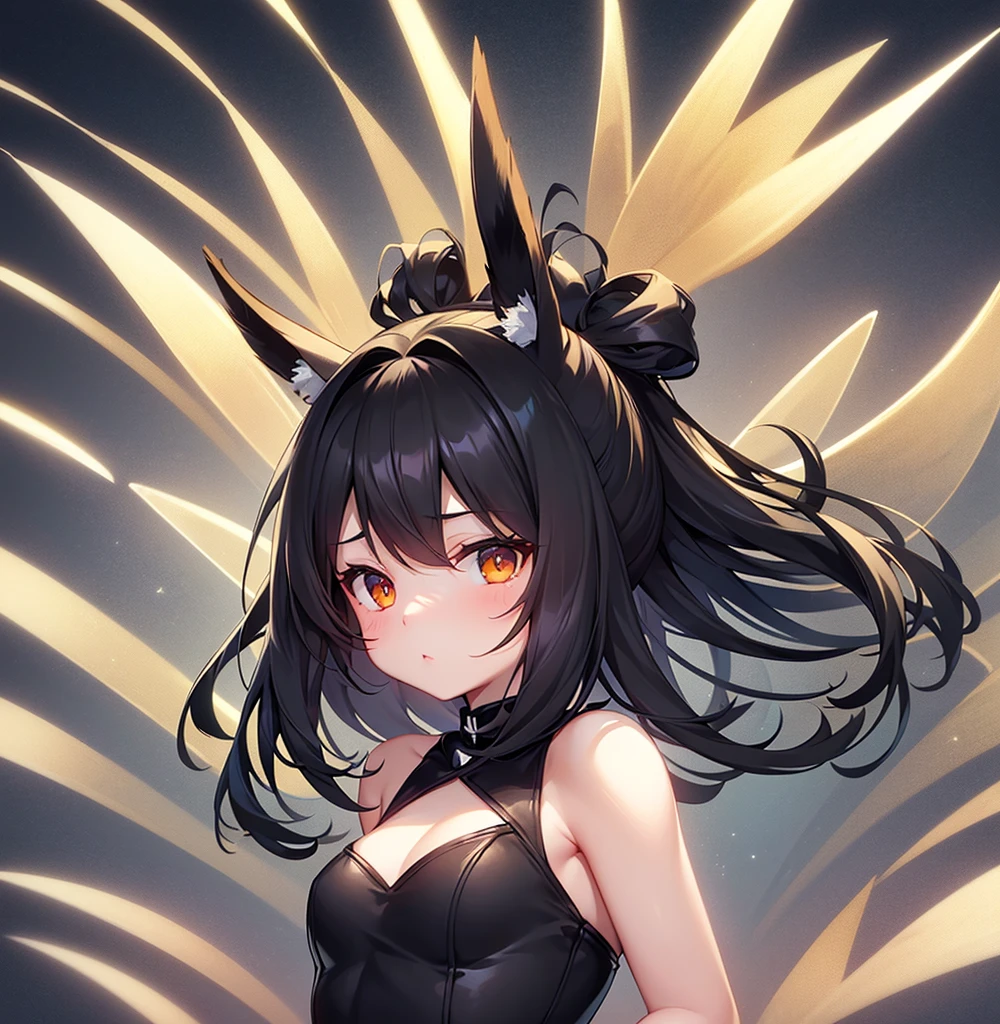 (Bunny girl),Cute little ,Tiny ,Small girl,,Childish face, Very fine clean face,Top quality,Black Hair,(Dark Room), Subtle light, Natural light,Soft lighting,Light from directly behind, (Are standing),With bust up,Front view,Black background