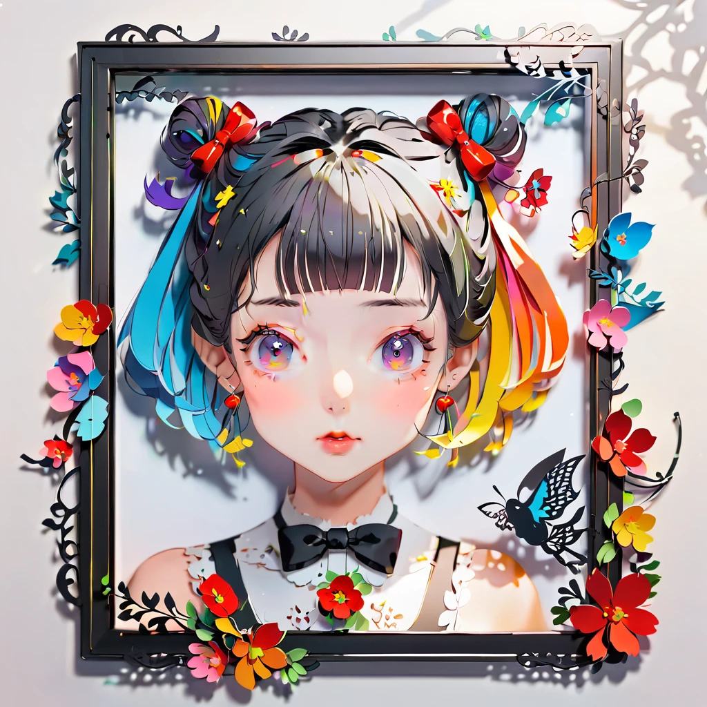 (((paper-cutting style))), (illustration frame is 3D paper cut: 1.2), (random fashion), (Random Angle), (random hairstyle), (Random hair color), (random hair length), 1 girl, Rabybow, Raby, unclear