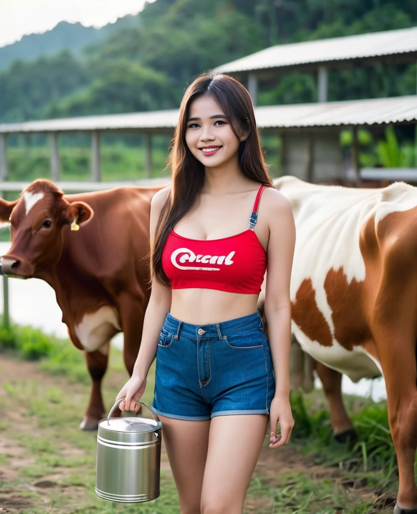 Thai woman teenage, brown long hair, smile, large breasts, nipple, wear red bikini bra, denim short, brown boots, in cow farm, with Stainless Steel Milk Can 20 Liter, before sunset , 6 P.M.