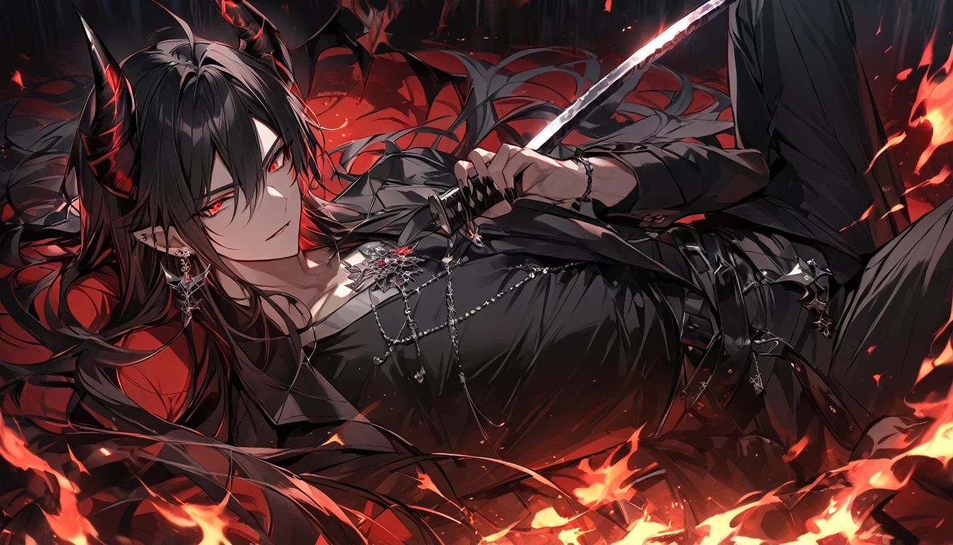 alone, good looking, 1 male, Long hair, Middle parted, Black hair, Red eyes, Black shirt, White Thailand, Black Trench Coat, Royal Silver Jewellery, Royal Demon Earrings, Black horns, Demon Crown, Demonic Katana, On Back, Demonic Black flames Aura