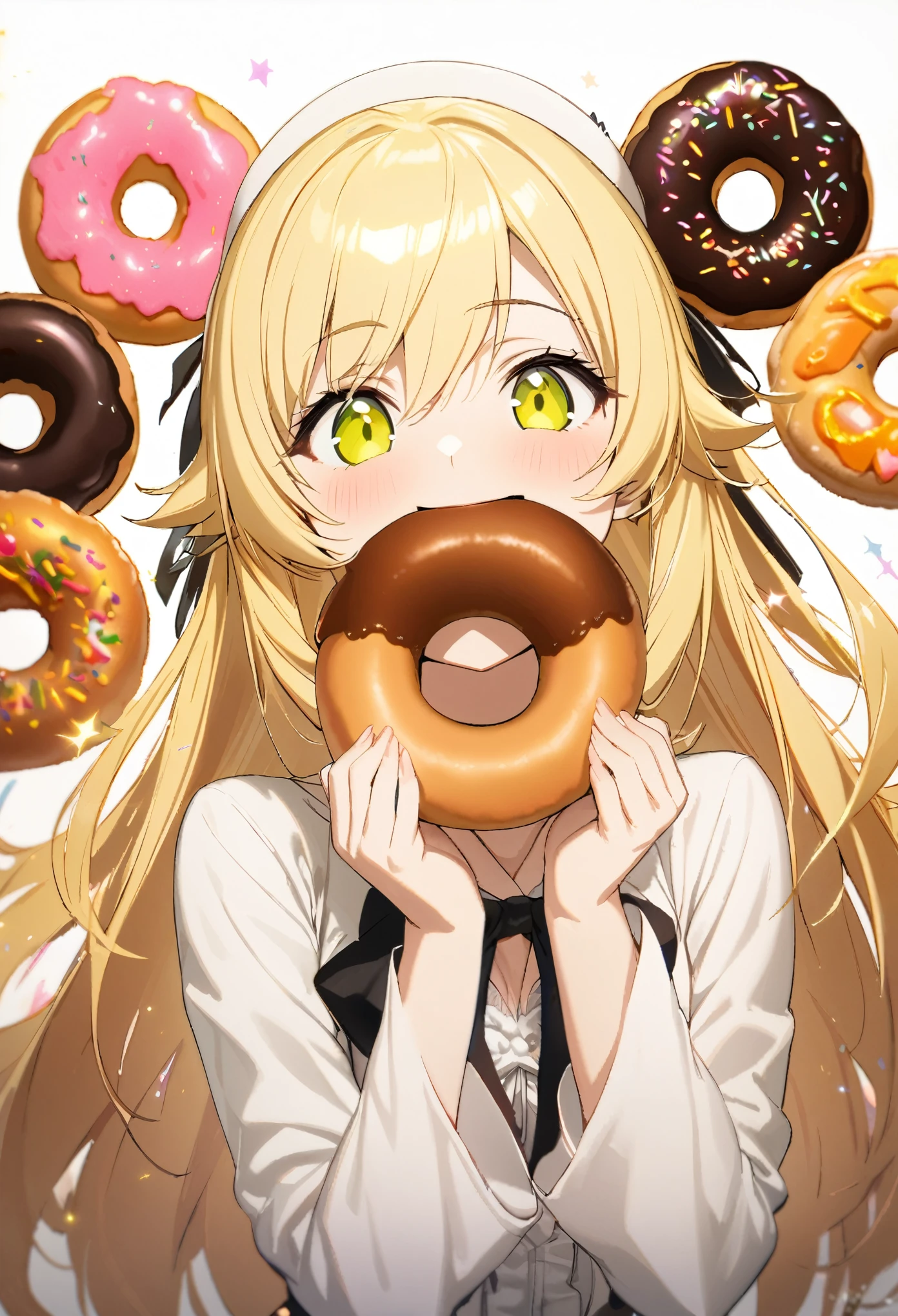 1 girl, best quality, super fine, 16k, 2.5D, delicate and dynamic depiction, Kiss Shot Acerola Orion Heart Under Blade Shinobu Oshino finished product, stuffing a mouth full of Mister Donuts, satisfied expression, smiling face, sparkling and fluffy exciting effects