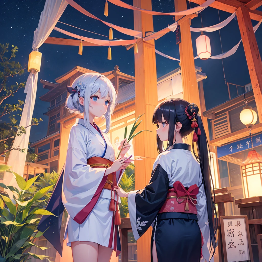 Tanabata in the night sky　Girls and men in Chinese style kimonos　Bamboo forest and paper strips　Have shaved ice　restaurant　Multiple display monitors in the background（anime　）　Aquarium（Goldfish）