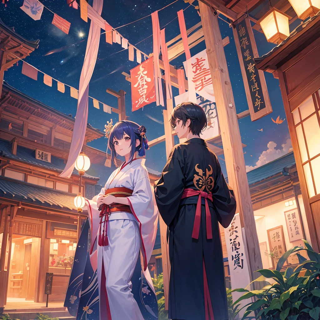 Tanabata in the night sky Girls and men in Chinese style kimonos Bamboo forest and paper strips Have shaved ice restaurant Multiple display monitors in the background(anime ) Aquarium(Goldfish)