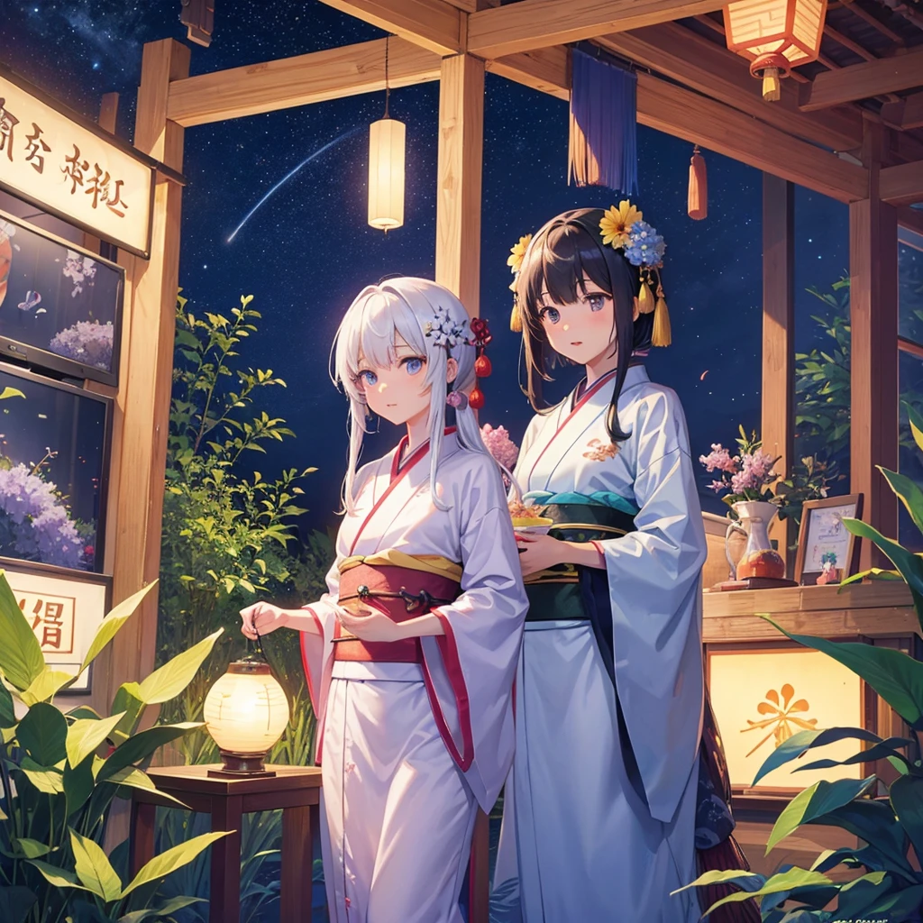 Tanabata in the night sky Girls and men in Chinese style kimonos Bamboo forest and paper strips Have shaved ice restaurant Multiple display monitors in the background(anime ) Aquarium(Goldfish)