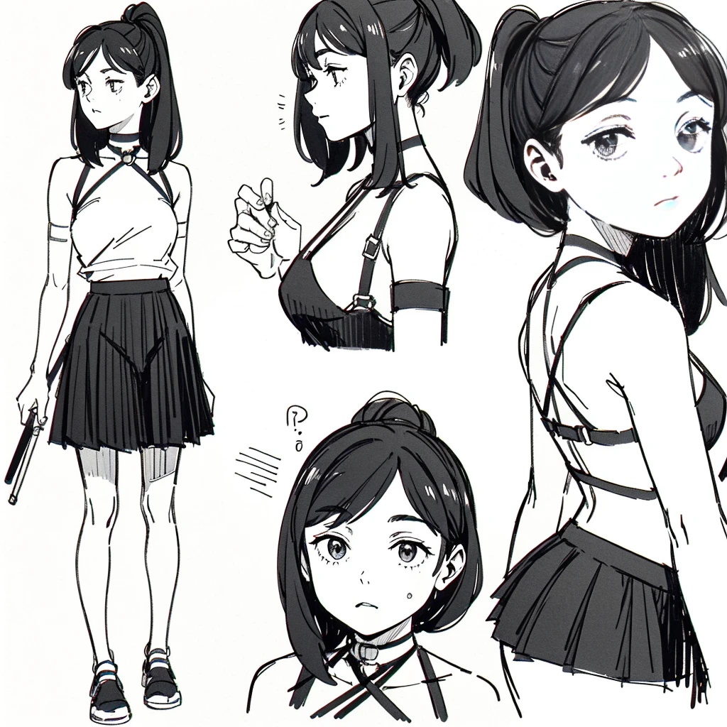 One Girl,Line art,Monochrome,sketch,Pencil drawing,Traditional Media,One Girl, skirt,Cute age Girls, ,Beautiful portrait、Delicate body、Black Hair、Black Hair,landscape,Black and White