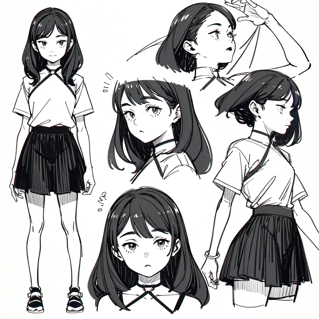 One Girl,Line art,Monochrome,sketch,Pencil drawing,Traditional Media,One Girl, skirt,Cute age Girls, ,Beautiful portrait、Delicate body、Black Hair、Black Hair,landscape,Black and White