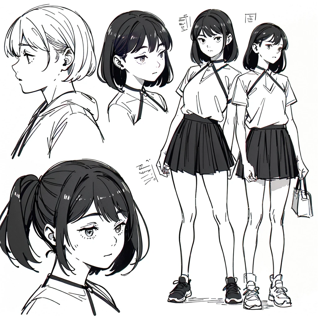 One Girl,Line art,Monochrome,sketch,Pencil drawing,Traditional Media,One Girl, skirt,Cute Teenage Girls, ,Beautiful portrait、Delicate body、Black Hair、Black Hair,landscape,Black and White