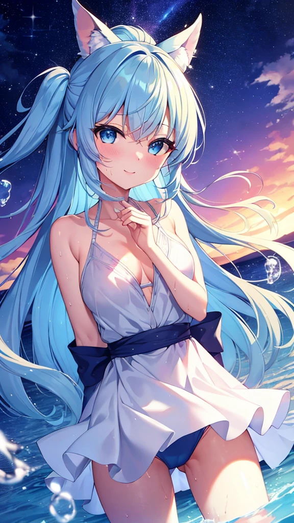 1lady, solo, the best、masterpiece, high quality, High precision,Highly detailed 8K Pure、sorrow、Tragic Love、Neo-Venezia、Uyuni salt lake、horizontal line、White Knight、Reflective water surface、In the wide sea, long blue hair, pony tale, white hair band, pink star head, light blue frilled bikini, blue Sarong pass, lighr blue eyes, (,Flushed skin)、Hair blowing in the wind、Shiny Hair、Glowing Skin、beautiful spotlight, Full body portrait、(Image idol sculpture、A lovely idol pose)、Heavy breathing、(Wide sky、infinity mirror、Beautiful sea), (Exposed breasts、Sweat runs down your chest)、Mojimoji、(A shy smile)、defenseless、Beautiful eyes illuminated by the light、Shiny Hair、Reflected Eyes、.(Look at the sky:1.3).(Red face:1) . (CG paintings with attention to detail),(Perfect image).a little excitement、Thin chest、Before menarche、(Feather hair ornamentLow Angle、Colorful sky、Contrail、shooting star、rainbow、Aurora、Solar flare, spray, bubble