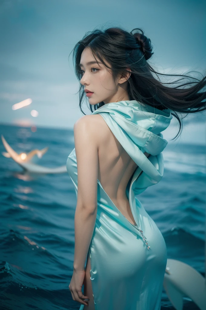 (((best quality))),(((ultra detailed))),(((masterpiece))),illustration,(1 beautiful girl,shark girl,solo),((slim,thin)),((bare back,towering hips,butt crack)),aquarium,summer night,(sleek sharkhead-hooded shirt-dress:1.3),shimmering hues,enchanting aura,(shoulder length straight bob hair:1.2),ocean-blue locks,shiny seaweed,porcelain skin,neon lights,emerald eyes,sharp gaze,delicate shark fin,translucent membrane,dancing fish,vibrant colors,undulating water,salty scent,distant waves,coral reef,gentle shadows,serene ambiance,electric atmosphere,Alezandra,oceanic magic,allure,enchantment,vision,extraordinary presence,((from back,upper body))