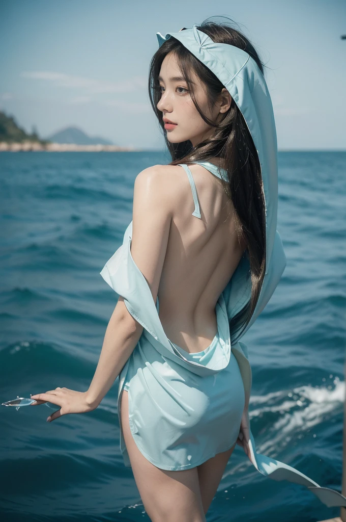 (((best quality))),(((ultra detailed))),(((masterpiece))),illustration,(1 beautiful girl,shark girl,solo),((slim,thin)),((bare back,towering hips,butt crack)),aquarium,summer night,(sleek sharkhead-hooded shirt-dress:1.3),shimmering hues,enchanting aura,(shoulder length straight bob hair:1.2),ocean-blue locks,shiny seaweed,porcelain skin,neon lights,emerald eyes,sharp gaze,delicate shark fin,translucent membrane,dancing fish,vibrant colors,undulating water,salty scent,distant waves,coral reef,gentle shadows,serene ambiance,electric atmosphere,Alezandra,oceanic magic,allure,enchantment,vision,extraordinary presence,((from back,upper body))