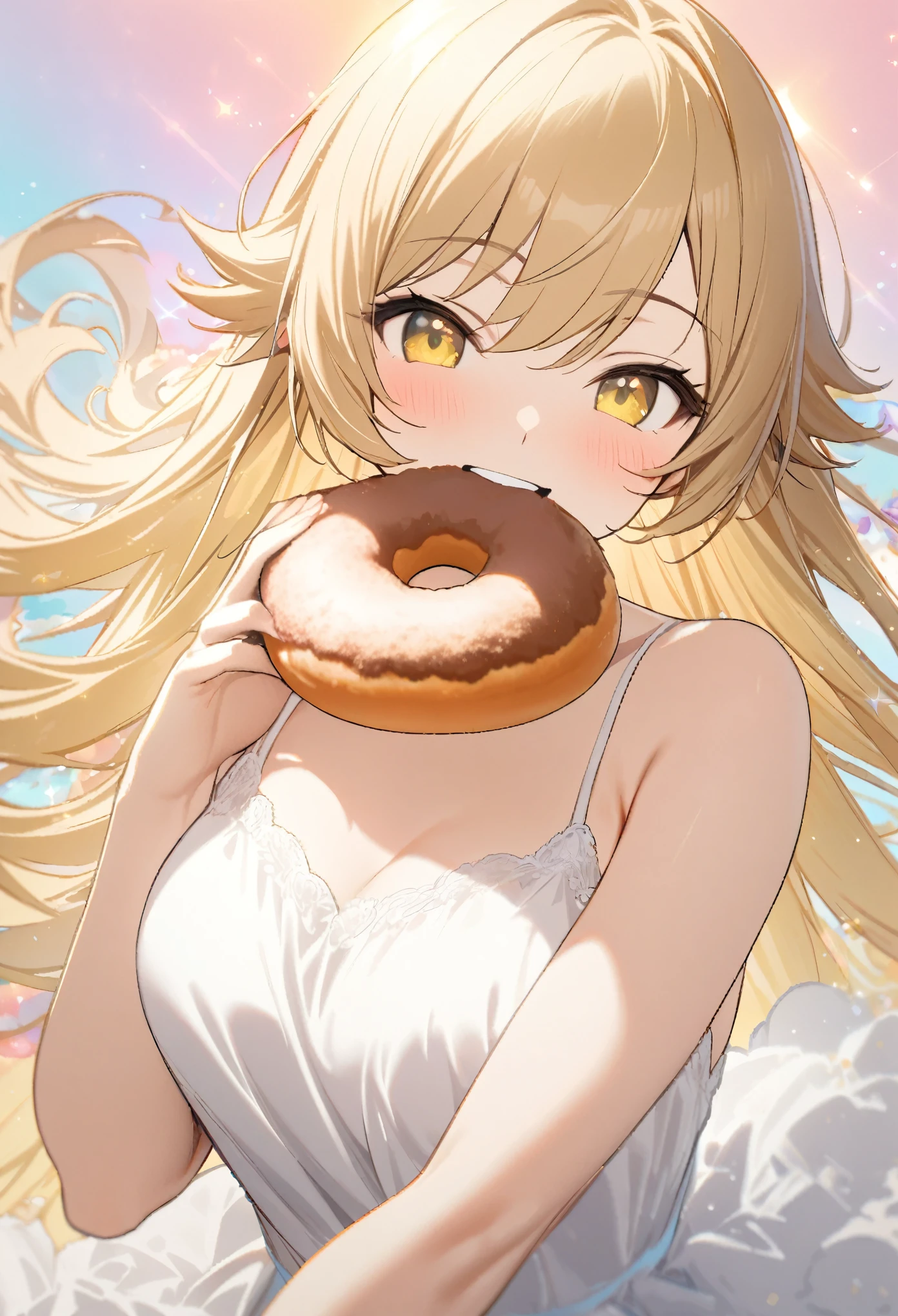 1 girl, best quality, super fine, 16k, 2.5D, delicate and dynamic depiction, Kiss Shot Acerola Orion Heart Under Blade Shinobu Oshino finished product, stuffing a mouth full of Mister Donuts, satisfied expression, smiling face, sparkling and fluffy exciting effects