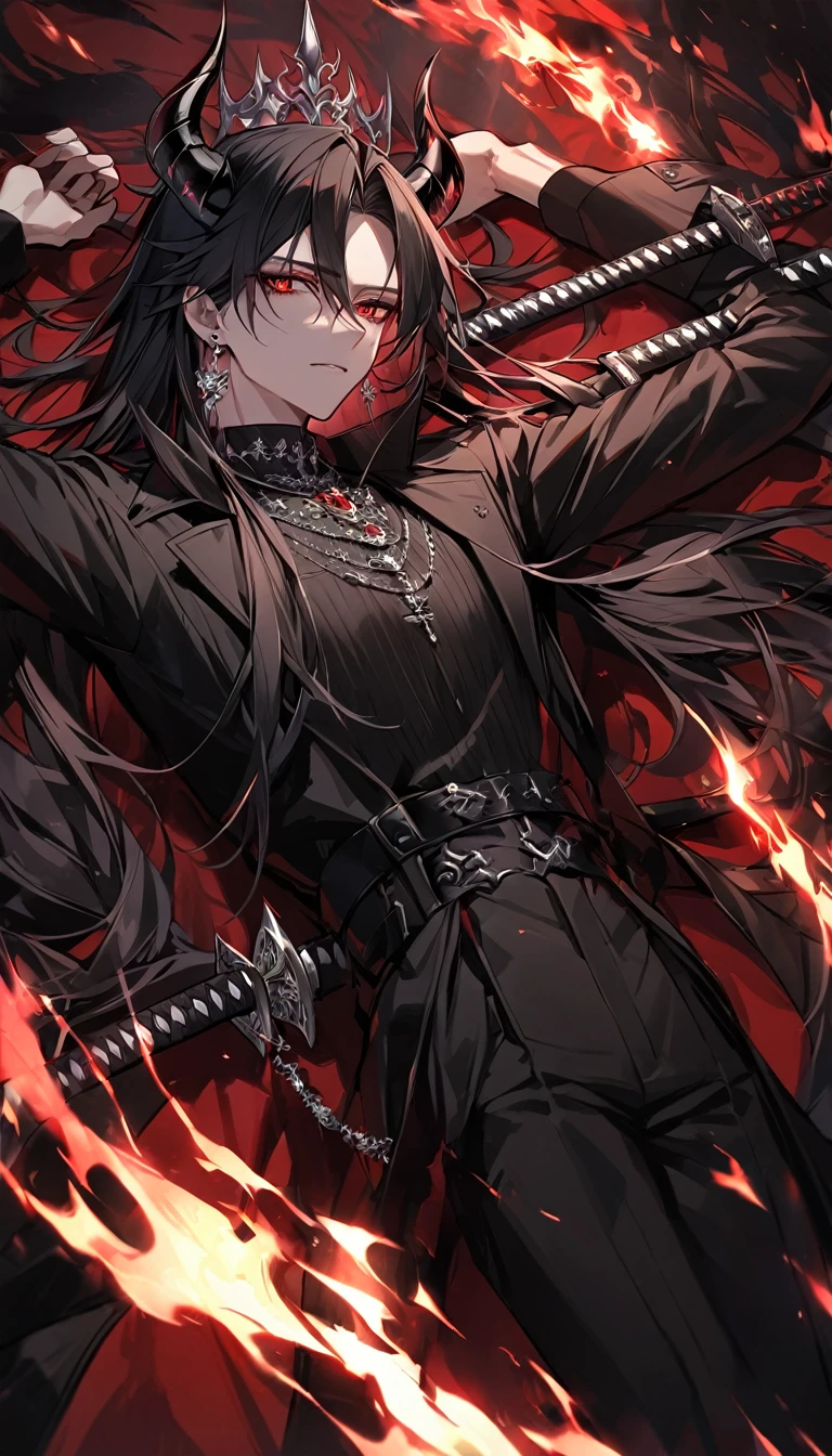 alone, good looking, 1 male, Long hair, Middle parted, Black hair, Red eyes, Black shirt, White Thailand, Black Trench Coat, Royal Silver Jewellery, Royal Demon Earrings, Black horns, Demon Crown, Demonic Katana, On Back, Demonic Black flames Aura