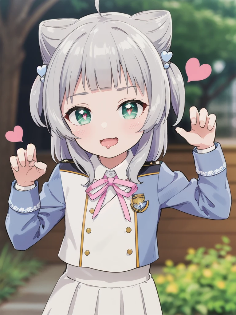 Outdoor,((the way)),, 1girl,Green Eyes, Grey Hair, hair ornaments, bangs, Virtual YouTuber,smile,heart shaped pupils, blunt bangs, Double Bang, Animal ears, Flat Chest,uniform,Navy Blue Blazer,White shirt,Pink ribbon,Grey Skirt,,(claw pose),Open your mouth wide,upper body,Dripping saliva