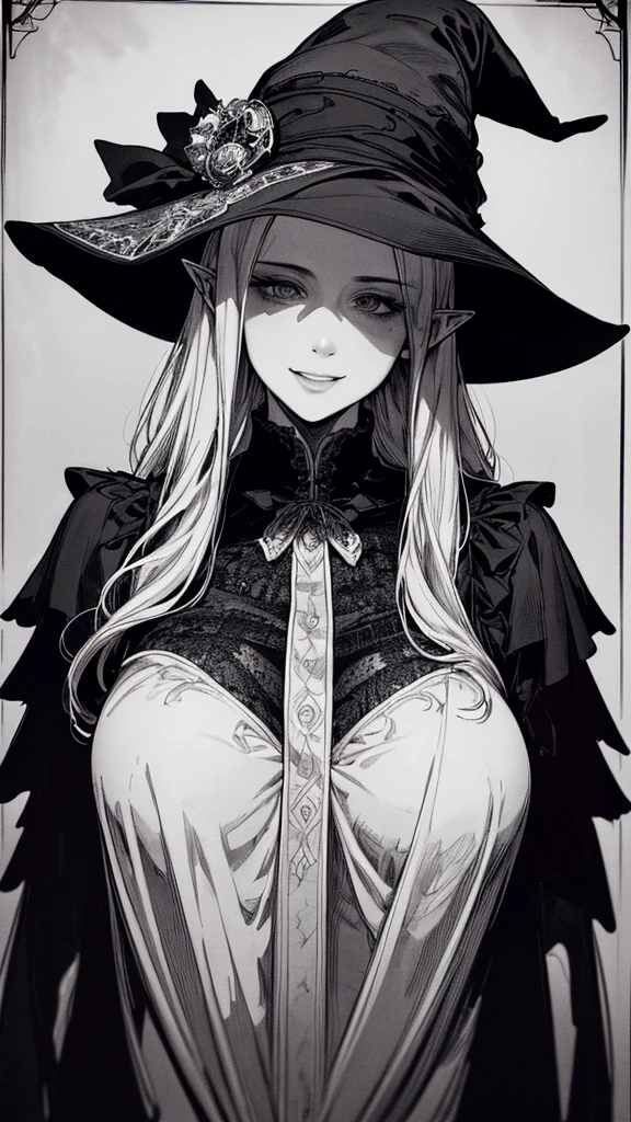 Highest quality, (Background details), High Contrast, so beautiful, Detailed original illustrations, Sensual, , witch, witch hat, Black Robe, Elf, Delicate face, charm, Spoiled brat, sexy, Real breasts, Crazy Smile, Crazy Eyes, Black background, (Black background: 1. 5) Beautiful line art, Monochrome