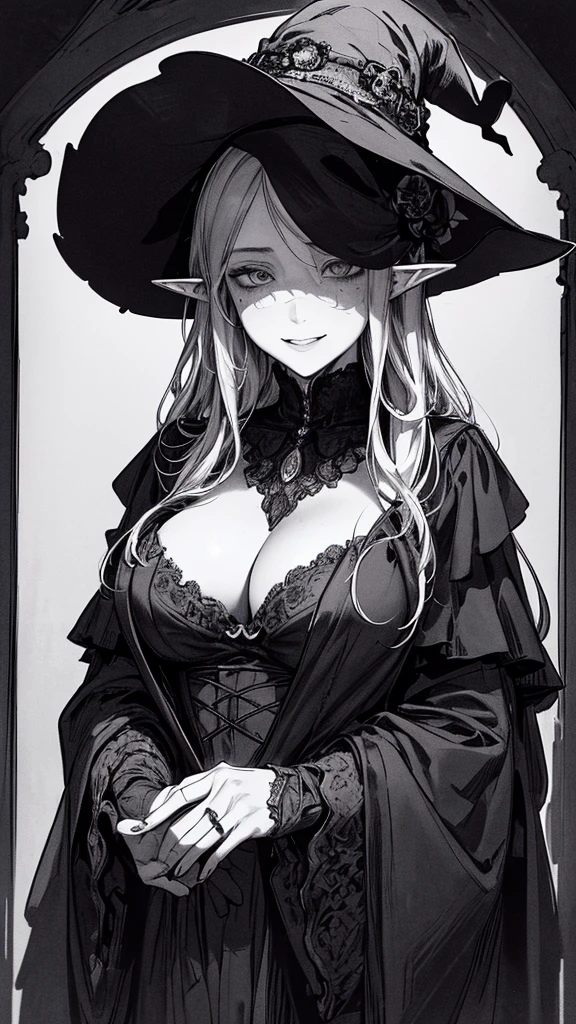 Highest quality, (Background details), High Contrast, so beautiful, Detailed original illustrations, Sensual, , witch, witch hat, Black Robe, Elf, Delicate face, charm, Spoiled brat, sexy, Real breasts, Small breasts、Crazy Smile, Crazy Eyes, Black background, (Black background: 1. 5) Beautiful line art, Monochrome
