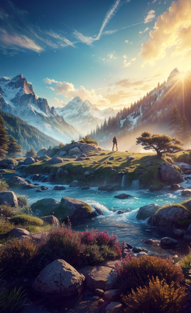 photorealistic landscape, natural landscape, naturey, Beleza Da naturey, Golden Sunset, Sky, Sky Power, Detailed Realistic Sunset, Cedars, Cedar, God's City, Heavens Realm, mountainscape, rivers of water, Sunset realism, Árvores naturey, Alone Men, man on his back, Man's Back, panorama, Alpha Male, Path to Heaven, heavenly, Detailed Realistic Image 8K, 16K Photorealistic Contrast, 8K Photorealistic Sharpness, 4K Photorealistic Cores, 16K Photorealistic Shadows, 8K Photorealistic Textures, 16K Photorealistic Texture, 4K Photorealistic Light, 4K PhotoRealism, FullHD 4K Detailed Contrast, detailed sharpness FullHD 8K, detailed sharpness FullHD 4K, detailed sharpness, 2K Detailed Colors, lifelike colors, FullHD Detailed Shadows, 4K Detailed Textures, detailed texture, padoru, Natural Beauty, chic