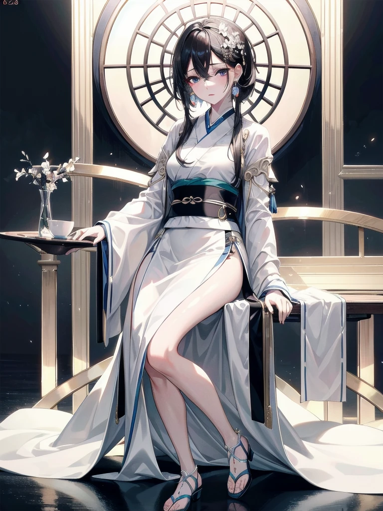 absurdres, RAW photo, extremely delicate and beautiful, masterpiece, Best Quality, ultra high resolution, 32k, hyperrealistic, ultra-detailed, delicate facial features, beautiful detailed woman, tearful mole, earring, medium breasts, full body shot, medium hair, black hair, Hanfu,