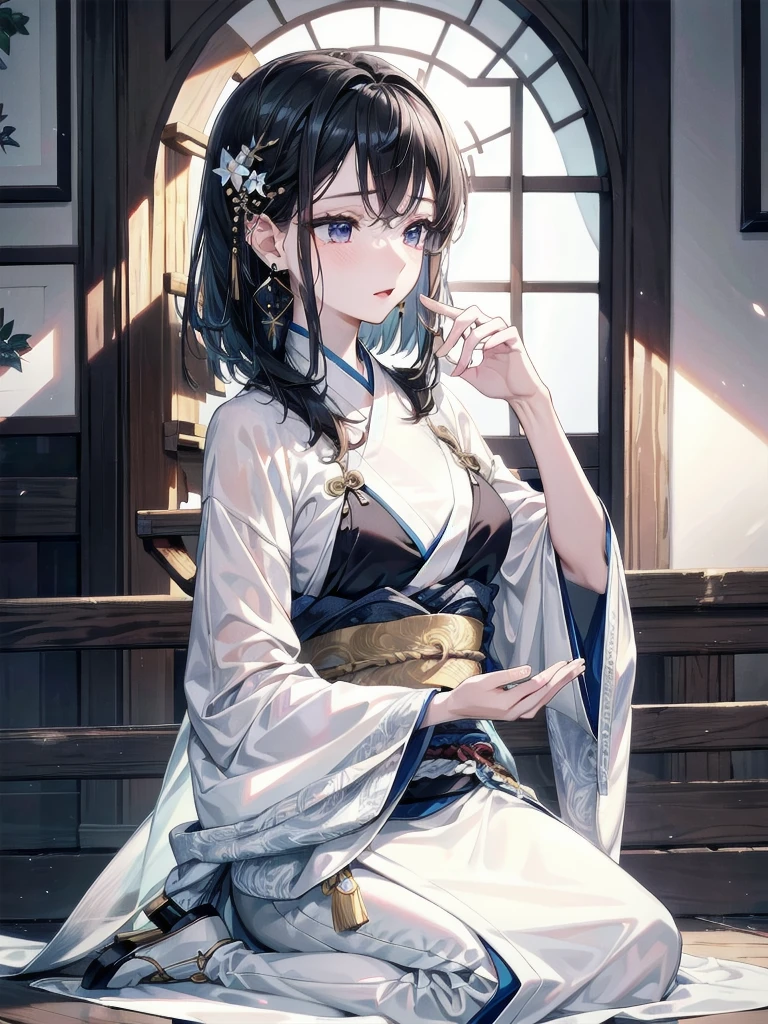 absurdres, RAW photo, extremely delicate and beautiful, masterpiece, Best Quality, ultra high resolution, 32k, hyperrealistic, ultra-detailed, delicate facial features, beautiful detailed woman, tearful mole, earring, medium breasts, full body shot, medium hair, black hair, Hanfu,