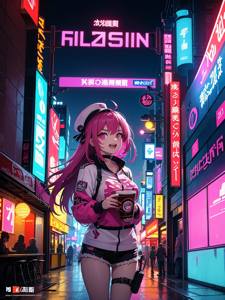 Create image poster concepts Cyberpunk Manga Madness Poster
Background: A bustling cyberpunk cityscape with towering skyscrapers, neon signs, and holographic projections of burgers and fries casting colorful glows in shades of neon blue, purple, and pink.

Character: In the center of the poster, a young woman with vibrant pink hair and large, glowing eyes in a cyberpunk manga style. She is depicted taking a big bite out of a digital-rendered burger, displaying a look of pure enjoyment and excitement.

Fast Food Imagery: Around the character, floating holographic projections of various futuristic fast food items:

Digital pizza slices with glowing toppings
Holographic onion rings emitting digital steam
Neon-lit milkshakes with swirling colors
Typography:

Bold, glowing red "Fast Food Frenzy!" heading with digital effects, placed prominently at the top of the poster.
Floating speech bubble with animated "Get Your Grub On!" tagline in futuristic font, positioned near the character to emphasize the theme.
Color Scheme: Vibrant and electric palette with neon blues, purples, pinks, and digital greens, creating a visually striking cyberpunk atmosphere.

Additional Elements:

Floating holographic icons of a digital ketchup bottle, soda cup, and high-tech chef hat scattered strategically around the poster to enhance the futuristic theme.
Final Touches: Ensure the layout is dynamic and balanced, with enough space for the manga character to stand out amidst the vibrant cyberpunk environment. Incorporate digital effects and neon glows to reinforce the futuristic aesthetic.