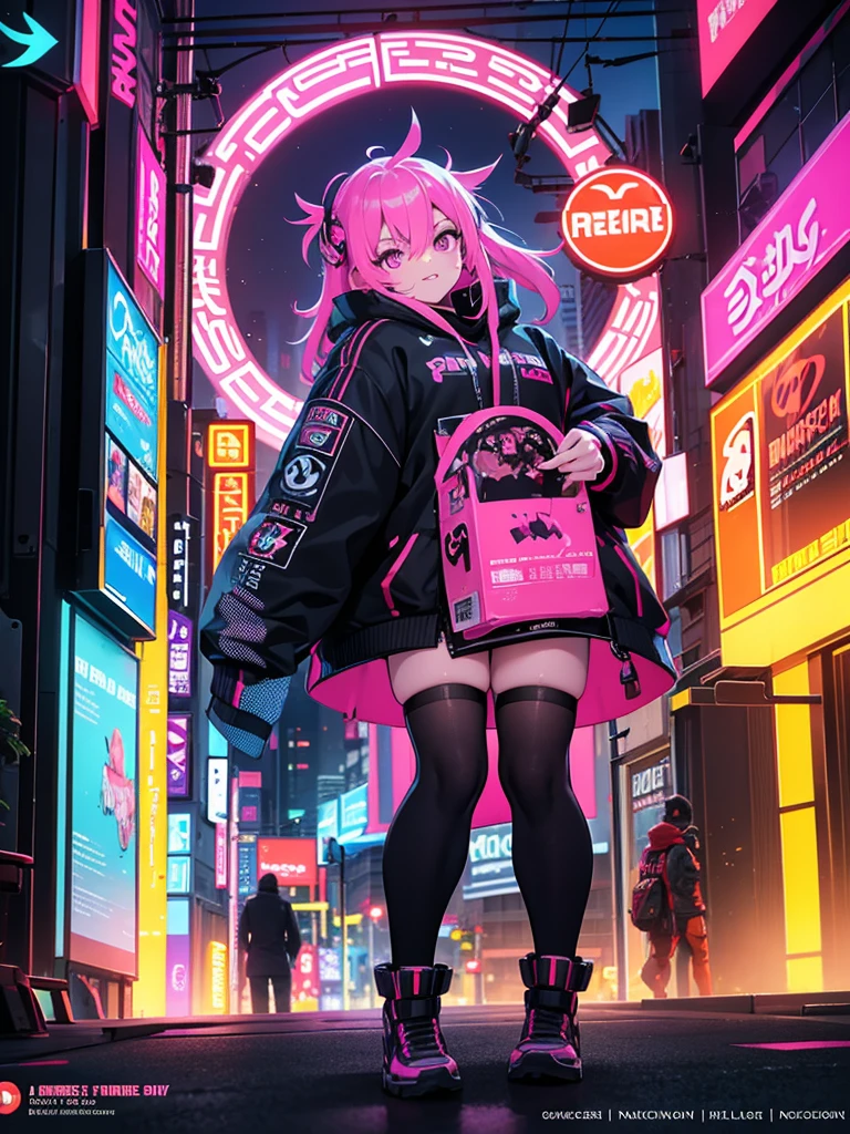 Create image poster concepts Cyberpunk Manga Madness Poster
Background: A bustling cyberpunk cityscape with towering skyscrapers, neon signs, and holographic projections of burgers and fries casting colorful glows in shades of neon blue, purple, and pink.

Character: In the center of the poster, a young woman with vibrant pink hair and large, glowing eyes in a cyberpunk manga style. She is depicted taking a big bite out of a digital-rendered burger, displaying a look of pure enjoyment and excitement.

Fast Food Imagery: Around the character, floating holographic projections of various futuristic fast food items:

Digital pizza slices with glowing toppings
Holographic onion rings emitting digital steam
Neon-lit milkshakes with swirling colors
Typography:

Bold, glowing red "Fast Food Frenzy!" heading with digital effects, placed prominently at the top of the poster.
Floating speech bubble with animated "Get Your Grub On!" tagline in futuristic font, positioned near the character to emphasize the theme.
Color Scheme: Vibrant and electric palette with neon blues, purples, pinks, and digital greens, creating a visually striking cyberpunk atmosphere.

Additional Elements:

Floating holographic icons of a digital ketchup bottle, soda cup, and high-tech chef hat scattered strategically around the poster to enhance the futuristic theme.
Final Touches: Ensure the layout is dynamic and balanced, with enough space for the manga character to stand out amidst the vibrant cyberpunk environment. Incorporate digital effects and neon glows to reinforce the futuristic aesthetic.
