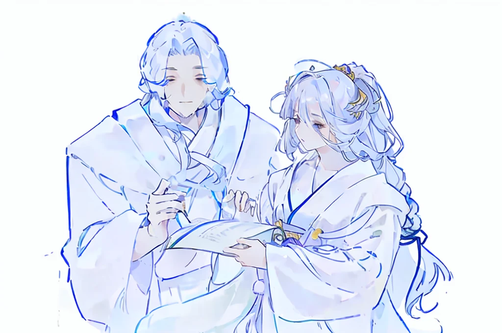 Men and women in ancient costumes with flowing long hair and robes, Perfect line drawing, Traditional style, Very detailed ink line drawing, Wearing a flowing robe, Clear anime silhouette, Wing Wall and Shurak, Wearing a simple robe, inspired by:Naka Bokunin, Thick lines, High-quality fanart