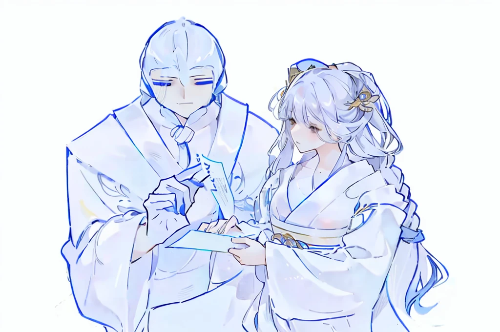 Men and women in ancient costumes with flowing long hair and robes, Perfect line drawing, Traditional style, Very detailed ink line drawing, Wearing a flowing robe, Clear anime silhouette, Wing Wall and Shurak, Wearing a simple robe, inspired by:Naka Bokunin, Thick lines, High-quality fanart
