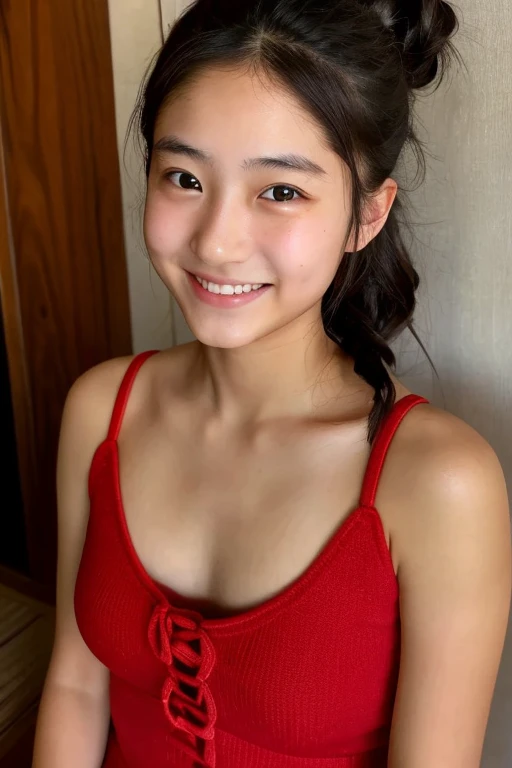 (Beautiful  Japanese girl), Cute face, (Deeply chiseled face:0.7), (freckles:0.6), Dramatic lighting, shy, ponytail, (smile), (Sparkling eyes), Nipples, th