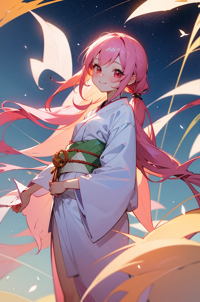 Perfect human body modeling, 1girl, small breasts, beautiful girl, cute girl and idol face, young face, smile, Beautiful long pink hair, twintails, Beautiful shining red eyes, white skin, Short body,  Festival of the Weaver July 7th, blue yukata light cotton kimono worn in the summer or used as a bathrobe, Milky Way, starry sky, Many strips of paper are hung on bamboo branches