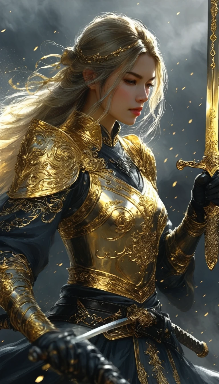 Gold wire crafts, 1 girl, whole body, launch.Female swordsman, Hold the hilt of the sword,Under the gun of a dark secret kingdom,Black fog all around
