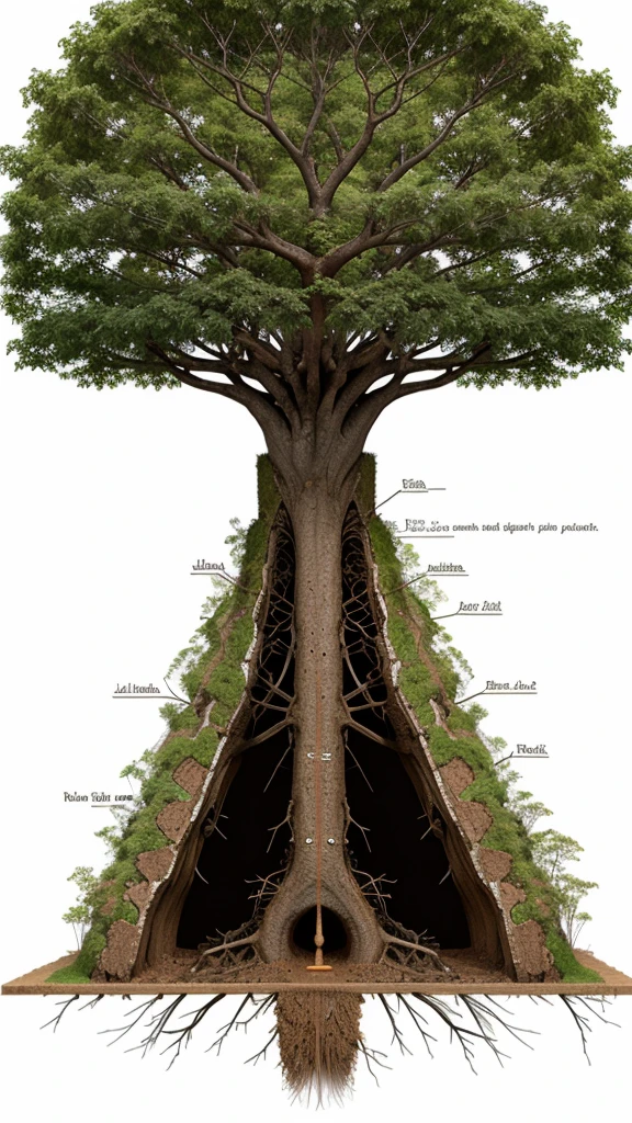 Illustrate a cross-section of João's tree with its deep, strong roots underground, symbolizing years of patient care and persistence.