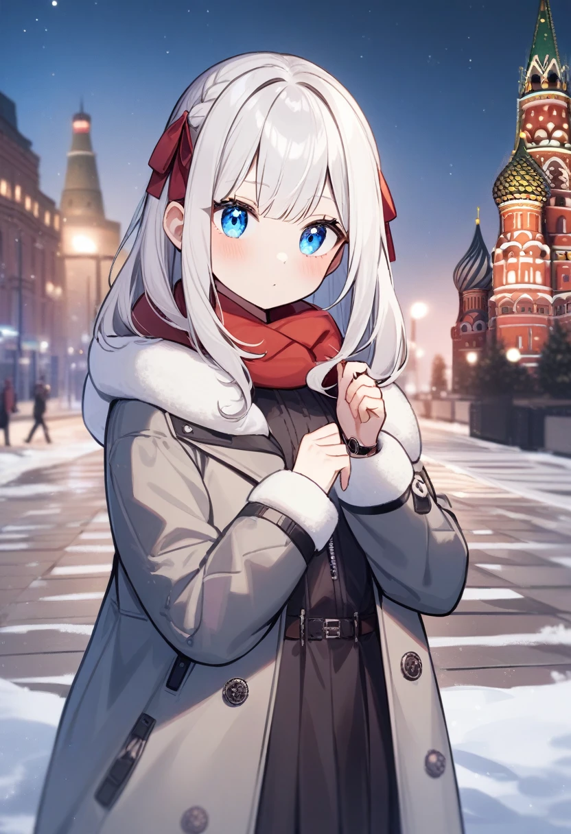 One girl, Alisa Mikhailovna Kujo,Tomorrow, my friend, Arya-san, will be visiting Russia.,alone, Long Hair, Eyebrows visible through hair, Hair between the eyes, Silver Hair, Hair Ribbon, blue eyes, Medium chest, ,Long sleeve, Jacket,Watch Winter Clothes Viewers,
Highest quality, so beautiful, Moscow、It's snowing、Moscowの風景