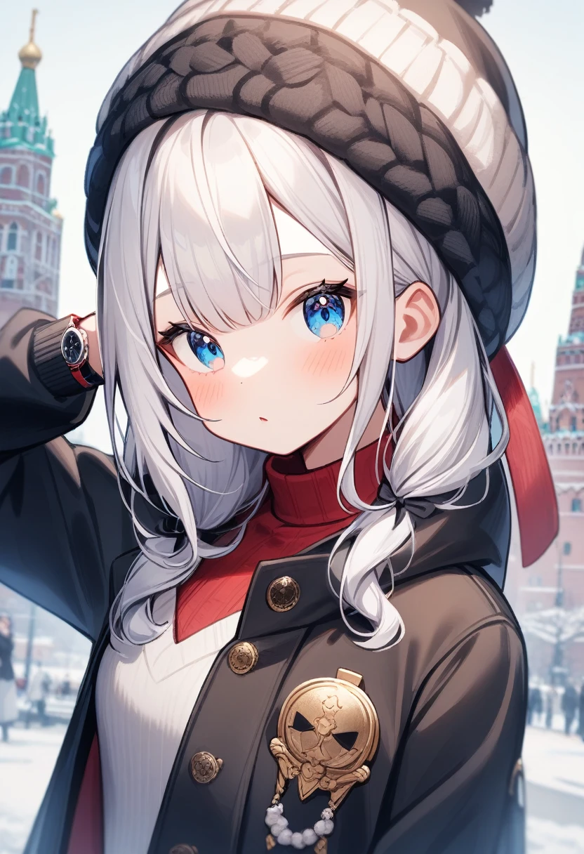 One girl,  Alisa Mikhailovna Kujo,Tomorrow, my friend, Arya-san, will be visiting Russia.,alone, Long Hair, Eyebrows visible through hair, Hair between the eyes, Silver Hair, Hair Ribbon, blue eyes, Medium chest, ,Long sleeve, Jacket,Watch Winter Clothes Viewers, 
Highest quality, so beautiful, Moscow、It&#39;s snowing、Moscowの風景