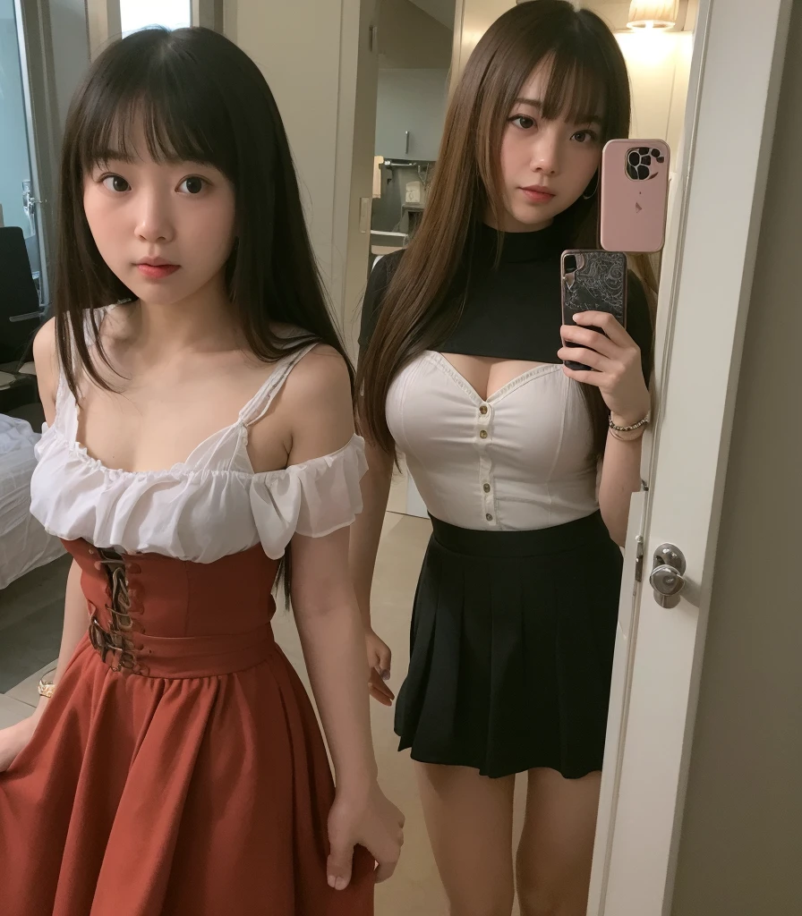 Two cute Korean singer girls,Take photos at night,The background is the bathroom,The two girls knelt together,Wearing a cute ta dress,Princess dress,Puffy skirt,Skinny figure,Cute real girl with big breasts,Blue hair and pink hair,erogenous,Realistic Korean girl,female student,cute schoolgirl,Girl big breasts