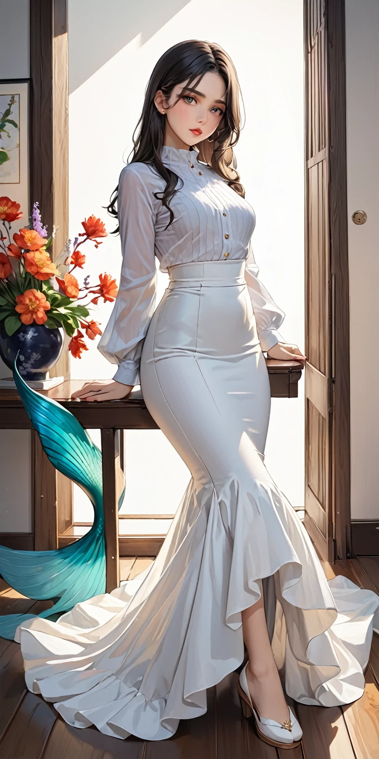 Portraiture、(masterpiece,Highest quality,Ultra-high resolution),Japanese women, (((Very beautiful 25 year old girl))),Lightweight long-sleeved blouse、((High waist mermaid skirt))、Skirt length to ankle