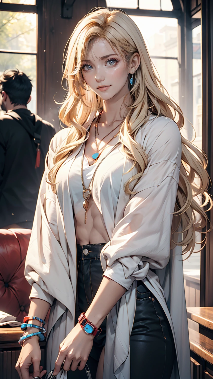 23 year old white female、Platinum Blonde、blue eyes、long hair、My hair is wavy、Wearing accessories on the wrist、I'm wearing a choker、smile、The navel is sticking out、Big Breasts、My abs are ripped、Slim and muscular body、I want my head to stay off screen、In the back alleys of a busy downtown area at night、Wearing a hoodie with the hood up、Looking at me while hiding his face with his hood、I'm wearing leggings、Standing sidewayy chest is popping out、Shiny skin、I'm wearing headphones