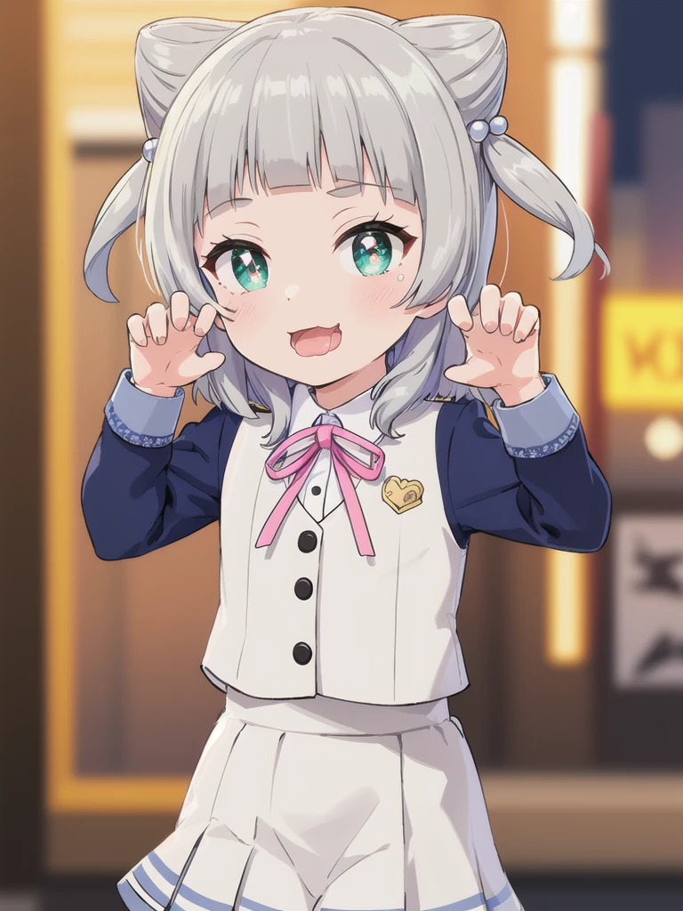 Outdoor,((the way)),, 1girl,Green Eyes, Grey Hair, hair ornaments, bangs, Virtual YouTuber,smile,heart shaped pupils, blunt bangs, Double Bang, Animal ears, Flat Chest,uniform,Navy Blue Blazer,White shirt,Pink ribbon,Grey Skirt,,(claw pose),Open your mouth wide,upper body,Dripping saliva