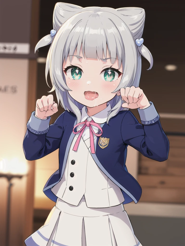 Outdoor,((the way)),, 1girl,Green Eyes, Grey Hair, hair ornaments, bangs, Virtual YouTuber,smile,heart shaped pupils, blunt bangs, Double Bang, Animal ears, Flat Chest,uniform,Navy Blue Blazer,White shirt,Pink ribbon,Grey Skirt,,(claw pose),Open your mouth wide,upper body,Dripping saliva
