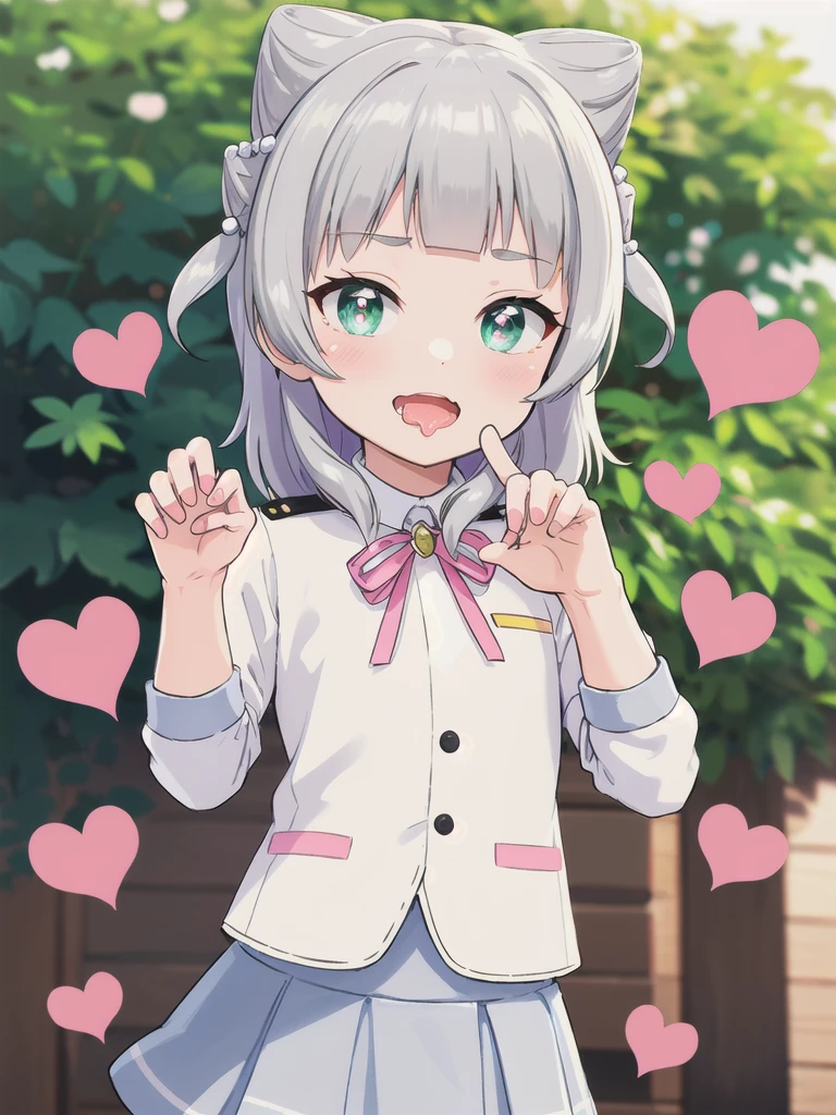 Outdoor,((the way)),, 1girl,Green Eyes, Grey Hair, hair ornaments, bangs, Virtual YouTuber,smile,heart shaped pupils, blunt bangs, Double Bang, Animal ears, Flat Chest,uniform,Navy Blue Blazer,White shirt,Pink ribbon,Grey Skirt,,(claw pose),Open your mouth wide,upper body,Dripping saliva