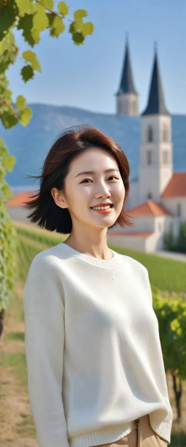 8k best picture quality, Beautiful 36-year-old Korean woman, Chest size 34 inches, View of a cathedral next to a vineyard in the Croatian countryside, Back background realistic and vivid image quality, Short and medium hair blowing in the wind, Wearing high-end luxury brand casual jumpers and pants, smile slightly. The background is clear