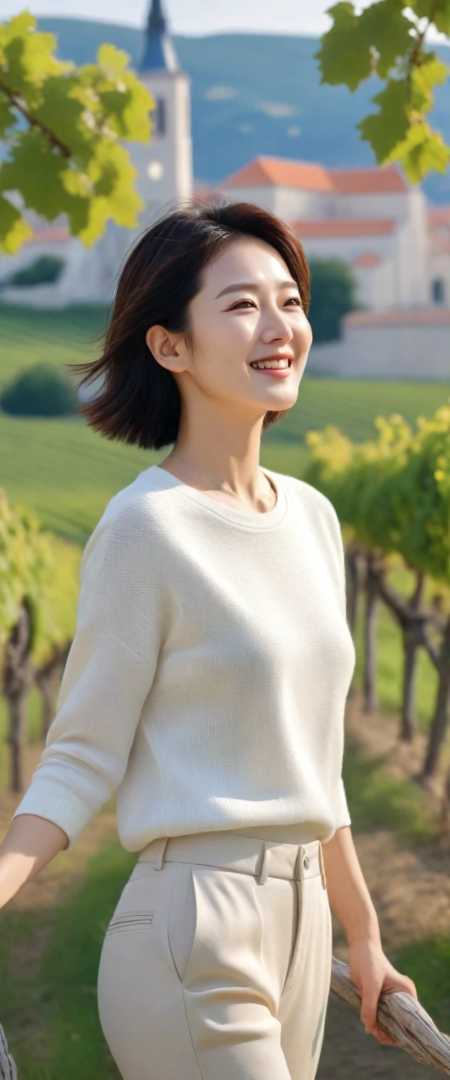 8k best picture quality, Beautiful 36-year-old Korean woman, Chest size 34 inches, View of a cathedral next to a vineyard in the Croatian countryside, Back background realistic and vivid image quality, Short and medium hair blowing in the wind, Wearing high-end luxury brand casual jumpers and pants, smile slightly. The background is clear