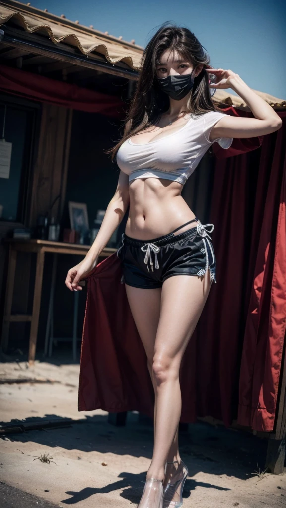 best quality, masterpiece, (((high resolution))), 8K, (Practical: 1.4), Ultra high resolution, 1 girl, Super detailed, 超Reality主义, Highly detailed CG illustrations, Official Art, light, Reality, young beautiful girl, Perfect body, Perfect body, full view, Perfect body, (start from below: 1.3), mask, posture, Sexy long legs, confident, Beautiful and sexy, Short sleeve, open belly, Super shorts, S-Shaped Body, Upturned buttocks, Assumptions, 摆posture, Different perspectives,Bright colors,on the beach,((((Clear details)))),uhd, accurate, masterpiece, textured skin, super detail, high details, high quality, best quality, highres