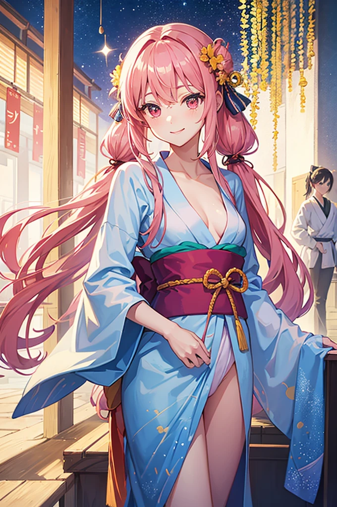 Perfect human body modeling, 1girl, small breasts, beautiful girl, cute girl and idol face, young face, smile, Beautiful long pink hair, twintails, Beautiful shining red eyes, white skin, Short body,  Festival of the Weaver July 7th, blue yukata light cotton kimono worn in the summer or used as a bathrobe, Milky Way, starry sky, Many strips of paper are hung on bamboo branches