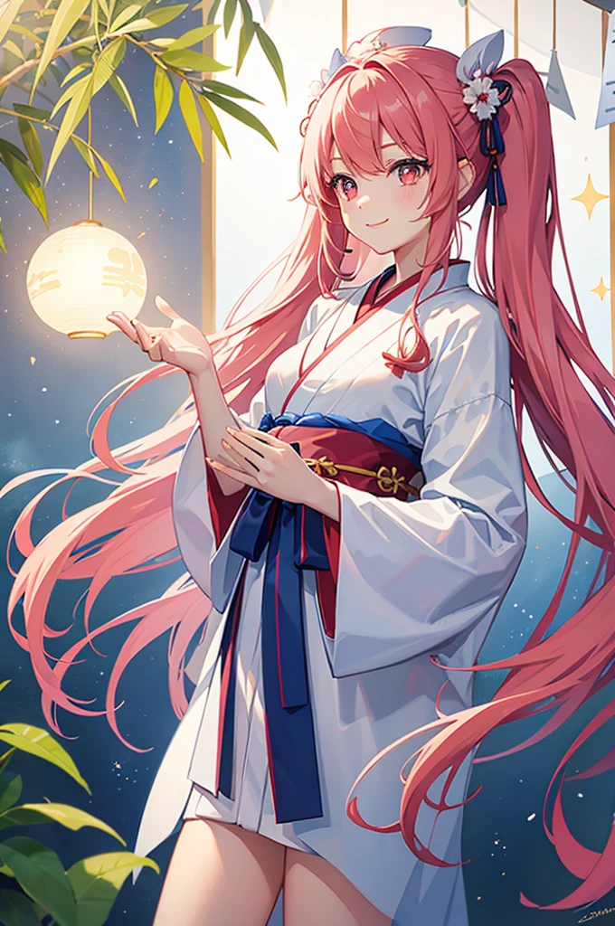 Perfect human body modeling, 1girl, small breasts, beautiful girl, cute girl and idol face, young face, smile, Beautiful long pink hair, twintails, Beautiful shining red eyes, white skin, Short body, Festival of the Weaver July 7th, blue yukata light cotton kimono worn in the summer or used as a bathrobe, Milky Way, starry sky, Many strips of paper are hung on bamboo branches