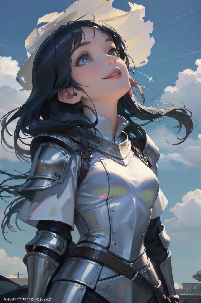 (8K, RAW Photos, of the highest quality, Masterpieces: 1.2), (Realistic, Photorealistic: 1.37), Highest Quality, Ultra High Resolution, light leaks, Dynamic lighting, (Fair skin: 1.2), (Glossy skin: 1.1), Oiled skin, 26 years old, shiny blue hair, long hair, Well-formed, Hair fluttering in the wind, (look up and smile:1.3), short bangs, (knight armor:1.3), wearing a cloak, (Beautiful eyes:1.4), focused eyes, Slim, (upper body:1.1), (looking up on into the sky: 1.4), stormy sky, (Cute:1.2), beautiful body shape, Sparkly lips, The air is misty, (medium breasts:1.2),