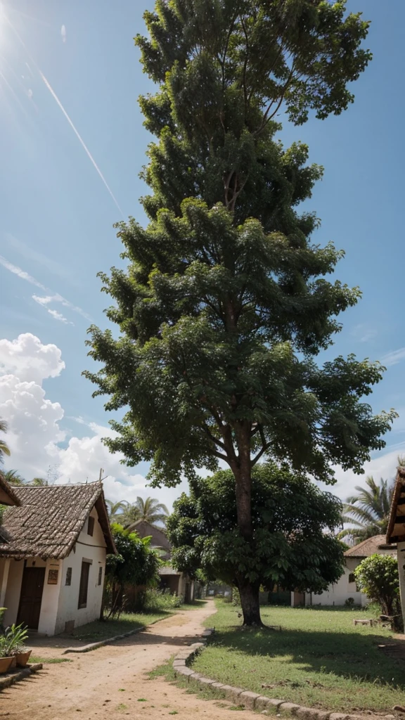 Show João's tree fully grown, towering majestically above the village, with broad branches, lush leaves, and abundant fruits.