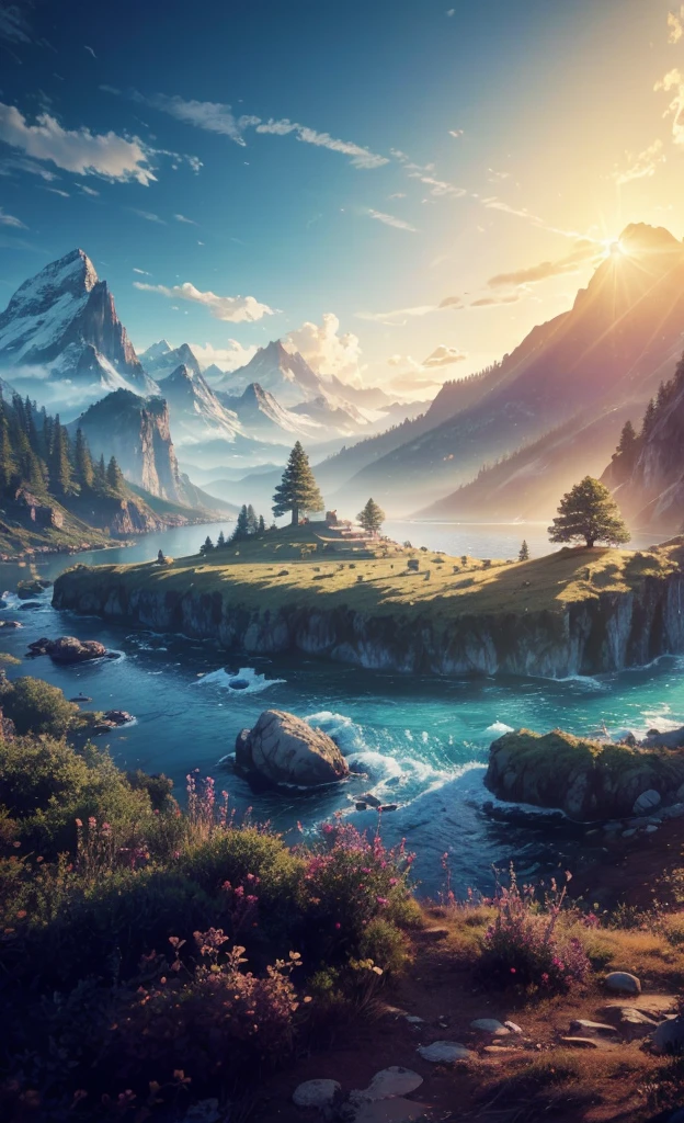 photorealistic landscape, natural landscape, naturey, Beleza Da naturey, Golden Sunset, Sky, Sky Power, Detailed Realistic Sunset, Cedars, Cedar, God's City, Heavens Realm, mountainscape, rivers of water, Sunset realism, Árvores naturey, Alone Men, man on his back, Man's Back, panorama, Alpha Male, Path to Heaven, heavenly, Detailed Realistic Image 8K, 16K Photorealistic Contrast, 8K Photorealistic Sharpness, 4K Photorealistic Cores, 16K Photorealistic Shadows, 8K Photorealistic Textures, 16K Photorealistic Texture, 4K Photorealistic Light, 4K PhotoRealism, FullHD 4K Detailed Contrast, detailed sharpness FullHD 8K, detailed sharpness FullHD 4K, detailed sharpness, 2K Detailed Colors, lifelike colors, FullHD Detailed Shadows, 4K Detailed Textures, detailed texture, padoru, Natural Beauty, chic