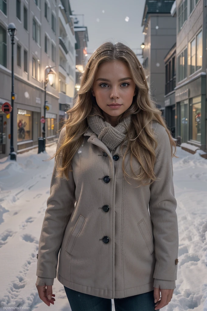 professional portrait photograph of a gorgeous Norwegian girl in winter clothing with long wavy blonde hair, sultry flirty look, gorgeous symmetrical face, cute natural makeup, wearing elegant warm winter fashion clothing, ((standing outside in snowy city street)), stunning modern urban environment, ultra realistic, concept art, elegant, highly detailed, intricate, sharp focus, depth of field, f/1. 8, 85mm, medium shot, mid shot, (((professionally color graded))), bright soft diffused light, (volumetric fog), trending on instagram, hdr 4k, 8k