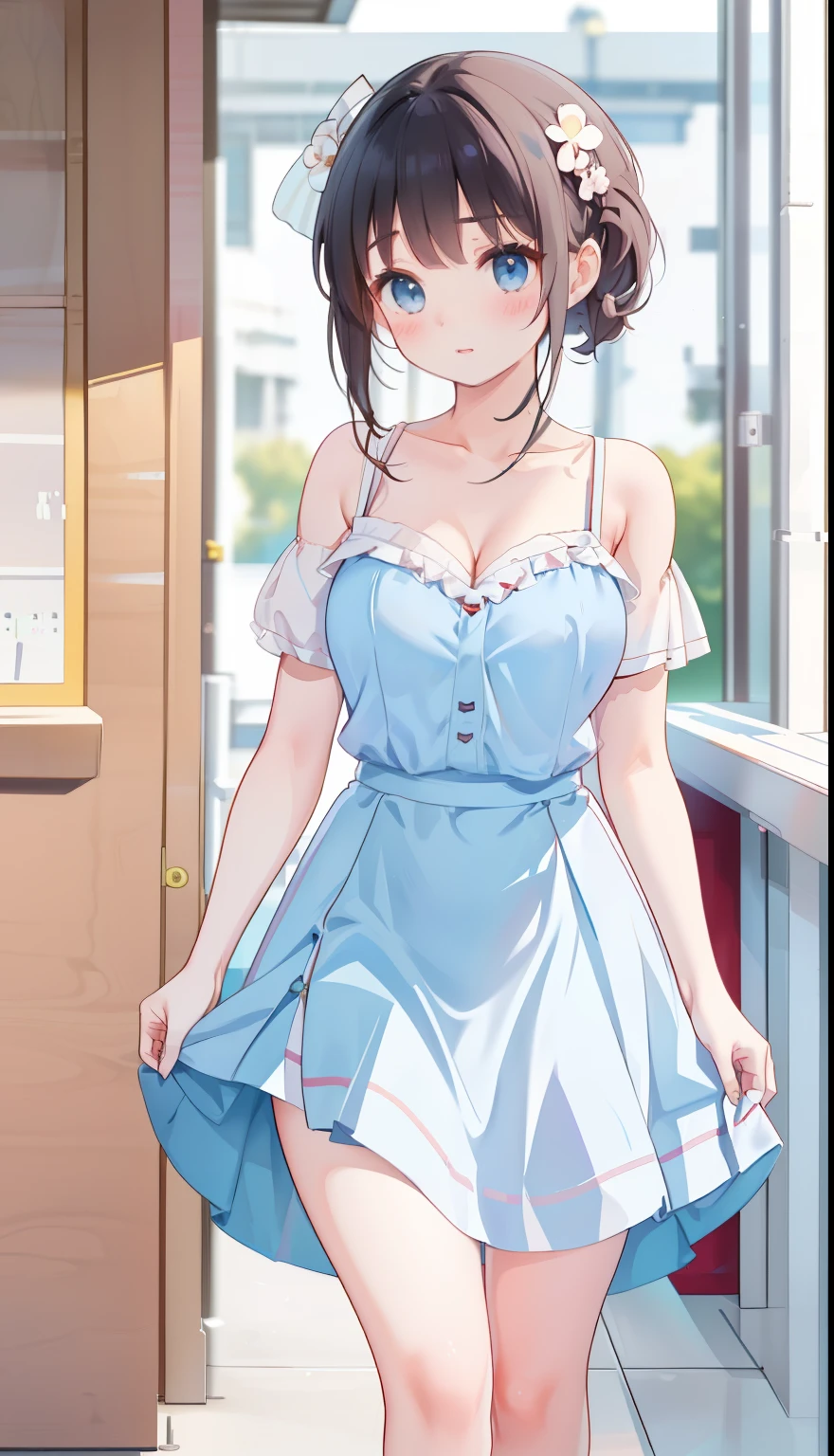 One Girl、positive、Standing posture、Full body portrait、Black Hair、Medium haircut、blush、Absolute area、No panties、no good、barefoot、Light blue dress、Off-the-shoulder dress、（Very large breasts）、Cleavage、((Lesbians around the world))、masterpiece、（highest quality）、、White heel sandals、Shirt buttons fly off、Unbutton your shirt、Exposing the breasts、Exposing the breasts、Bare your breasts、foot、feet、Full body portrait