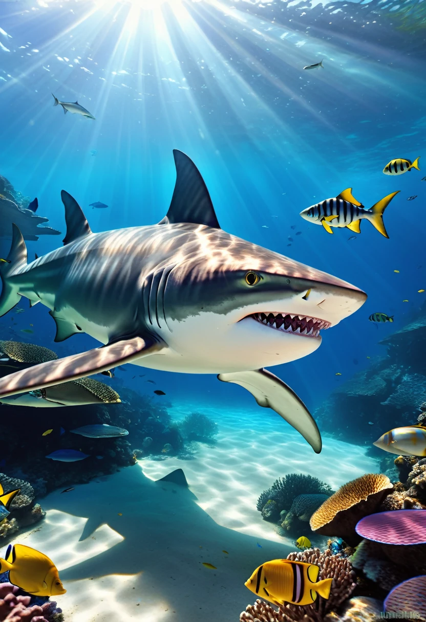 a shark girl, beautiful detailed eyes, beautiful detailed lips, extremely detailed face and body, sharp teeth, fins, underwater scene, coral reef, schools of tropical fish, sunlight filtering through water, (best quality,4k,8k,highres,masterpiece:1.2),ultra-detailed,(realistic,photorealistic,photo-realistic:1.37),vibrant colors, dramatic lighting, cinematic composition
