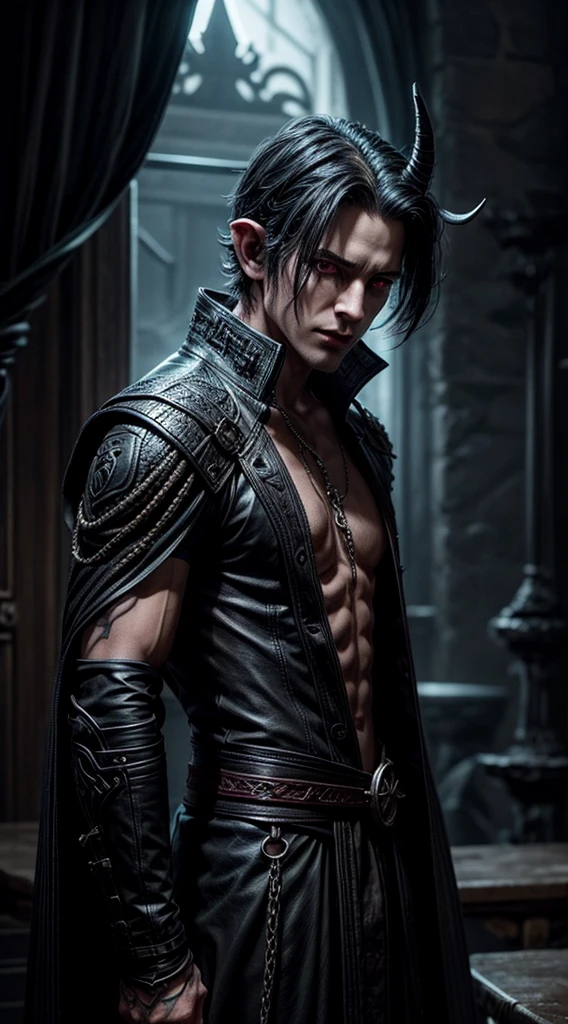 tiefling, male, fantasy character, pale grey skintone, short black hair, pointed ears, tail, horns on his head